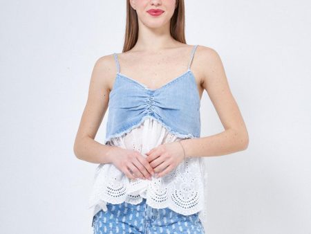 Top in denim lavorato For Discount